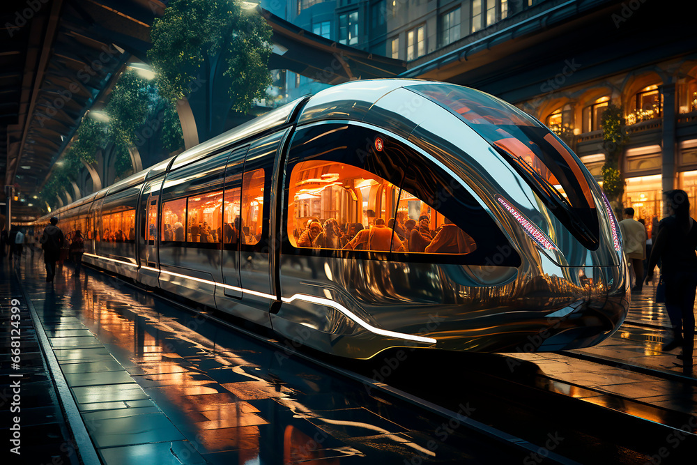 Modern futuristic electric steel train in an urban environment.
