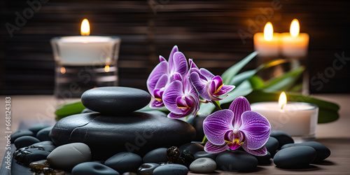 candles with a purple orchid on them A spa with a flower arrangement on top of rocks and candles Beautiful spa composition of blooming twig orange orchid flower with blured background Ai Generative