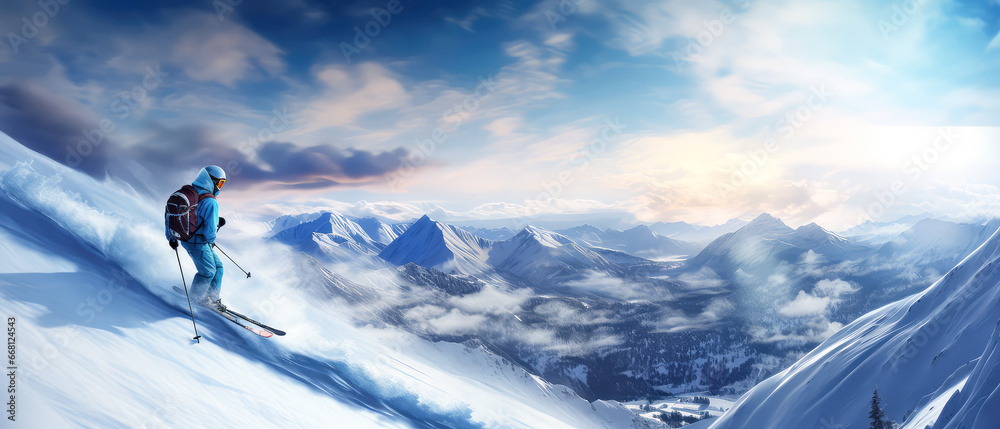 Professional Skier skiing and jump. Freeride on snowy mountain. Action, extreme sports leisure. Winter landscapes. Scenery background. Generative ai.