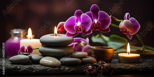 A spa with a flower arrangement on top of rocks and candles candles with a purple orchid on them and a glass jar on a purple liquid on it with brown blurred background Ai Generative 