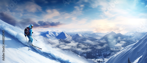 Professional Skier skiing and jump. Freeride on snowy mountain. Action, extreme sports leisure. Winter landscapes. Scenery background. Generative ai. © Inai