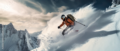 Professional Skier skiing and jump. Freeride on snowy mountain. Action, extreme sports leisure. Winter landscapes. Scenery background. Generative ai.