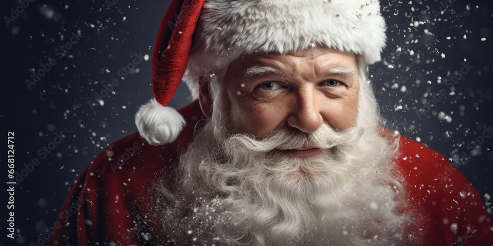 Portrait of the real, good old Santa Claus in snowflakes surround, looking at the camera Portrait of the real, good old Santa Claus in snowflakes surround, looking at the camera