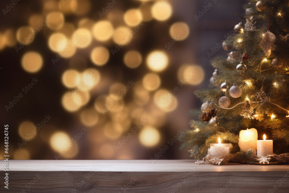 Christmas tree and candles on wooden table in front of defocused lights.