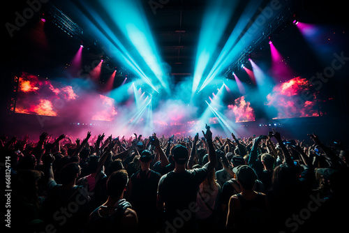 Crowd raising their hands and enjoying great festival party or concert. Silhouettes of people in neon light.