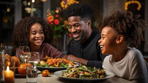 Happy african american family sitting at a large table at a traditional holiday dinner	