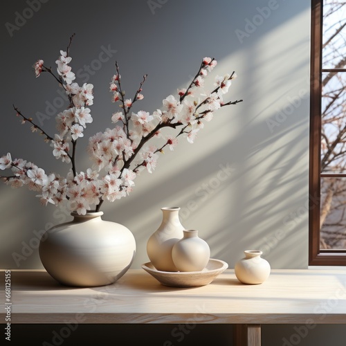 Elegant flower vase background with a wall display of a combination of calm and smooth colors complemented by reflections of sunlight, room concept, blogs, power points etc. Generative Ai Image