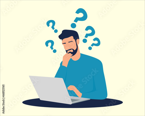 Contemplation, doubt or unsure, curiosity thinking to solve problem, question in the head, uncertainty or confusion, decision concept, businessman thinking on computer laptop with doubt question mark.