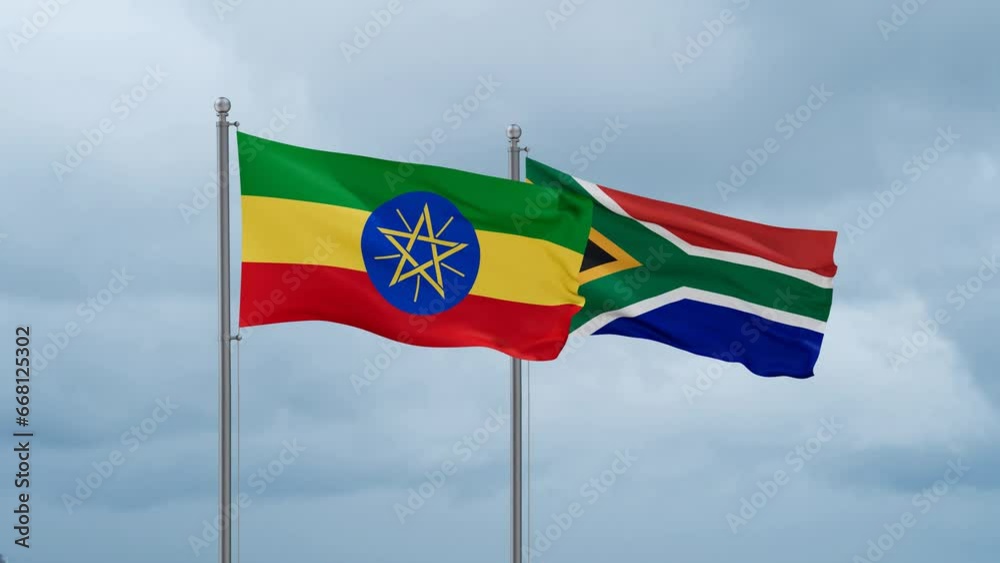 Republic of South Africa and Ethiopia flag waving together on cloudy sky, endless seamless loop, two country cooperation concept Republic of South Africa and Ethiopia flag waving together on cloudy sky, endless seamless loop, two country cooperation concept