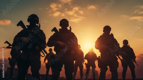A small group of mercenary soldiers during the transition in the mountains. They moving along the mountain range in the rays of the setting sun. Infantrymen during a special operation.