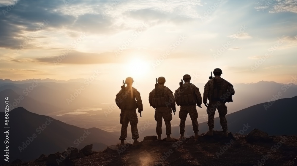 Obraz premium A small group of mercenary soldiers during the transition in the mountains. They moving along the mountain range in the rays of the setting sun. Infantrymen during a special operation.