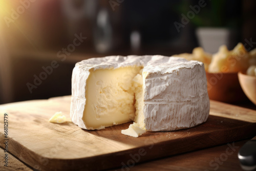 Delicious French cheese on the wooden board close up