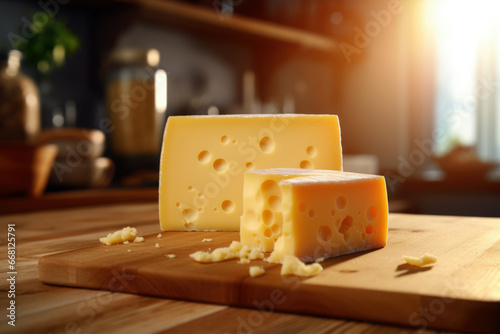 Block of Swiss medium-hard yellow cheese emmental or emmentaler with round holes photo