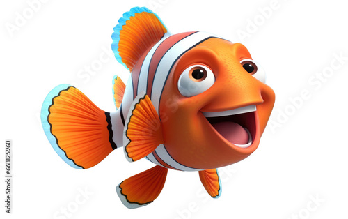 Beautiful Clown Fish Smiling and Swim 3D Character Isolated on Transparent Background PNG.