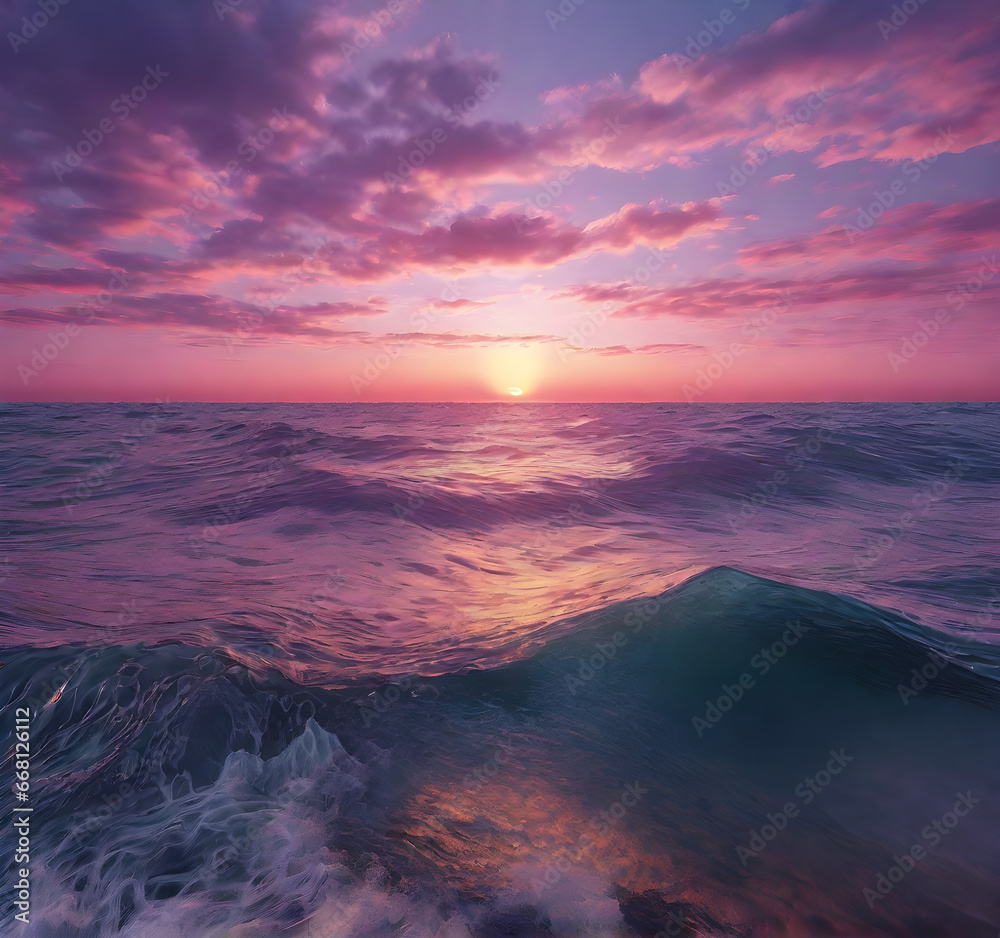 Tranquil Ocean Sunset: Breathtaking Pink and Lilac Seascape under a Fantastic Sunset Sky. generative ai