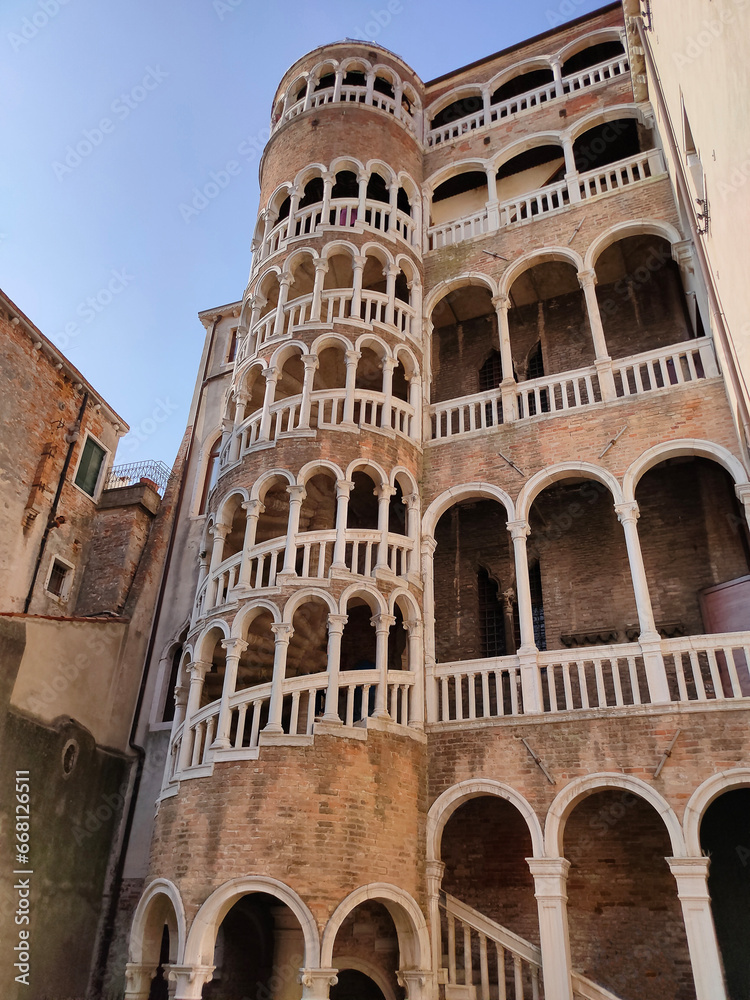 Scala Contarini del Bovolo or Palazzo Contarini del Bovolo in Venice. The Palazzo Contarini del Bovolo is a small palazzo known with spiral staircases. Venice, Italy.