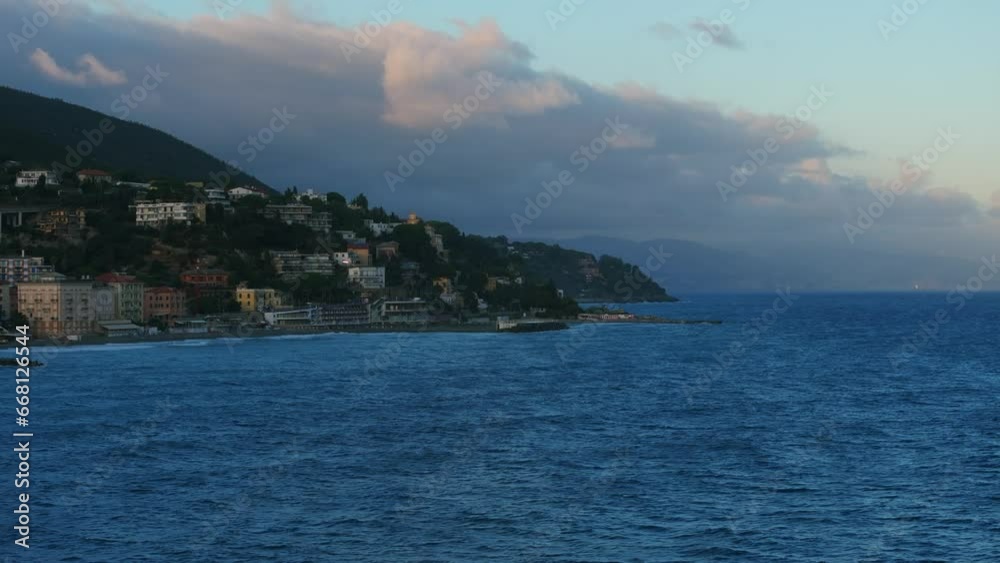 Cloudy Sunset at Varazze city in Italy. Aerial drone view