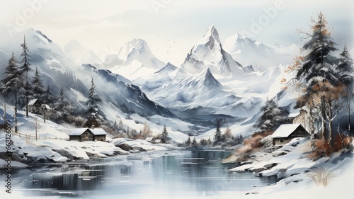 Quiet snow-covered winter landscape with mountains photo