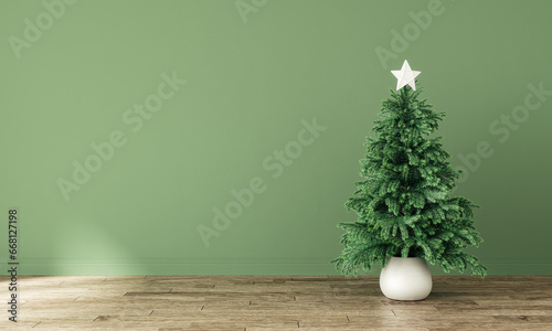 Interior with Christmas fir tree and empty green mockup wall background. 3D Rendering, 3D Illustration photo
