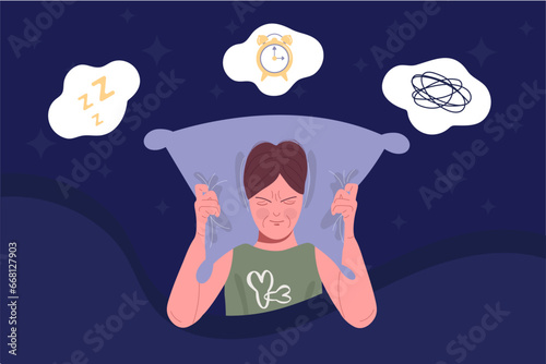 Insomnia, sleep disorder. An evil woman clutches a pillow