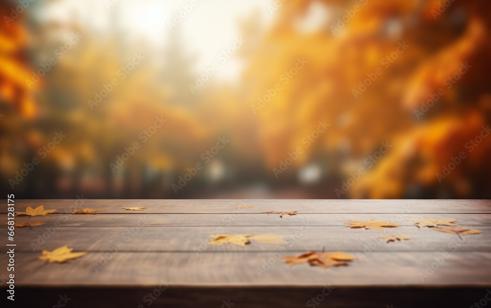 Product placement space with table in old wood and autumn background Product placement space with table in old wood and autumn background