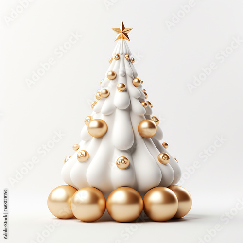 3d Render  Christmas tree minimal  Whipping cream decorate gold balls on white background.