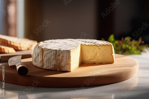 Delicious French cheese on the wooden board close up