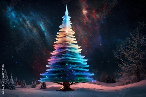 Craft a stunning image of a radiant Christmas tree crafted from iridescent gases, set amidst the captivating brilliance of the galactic expanse