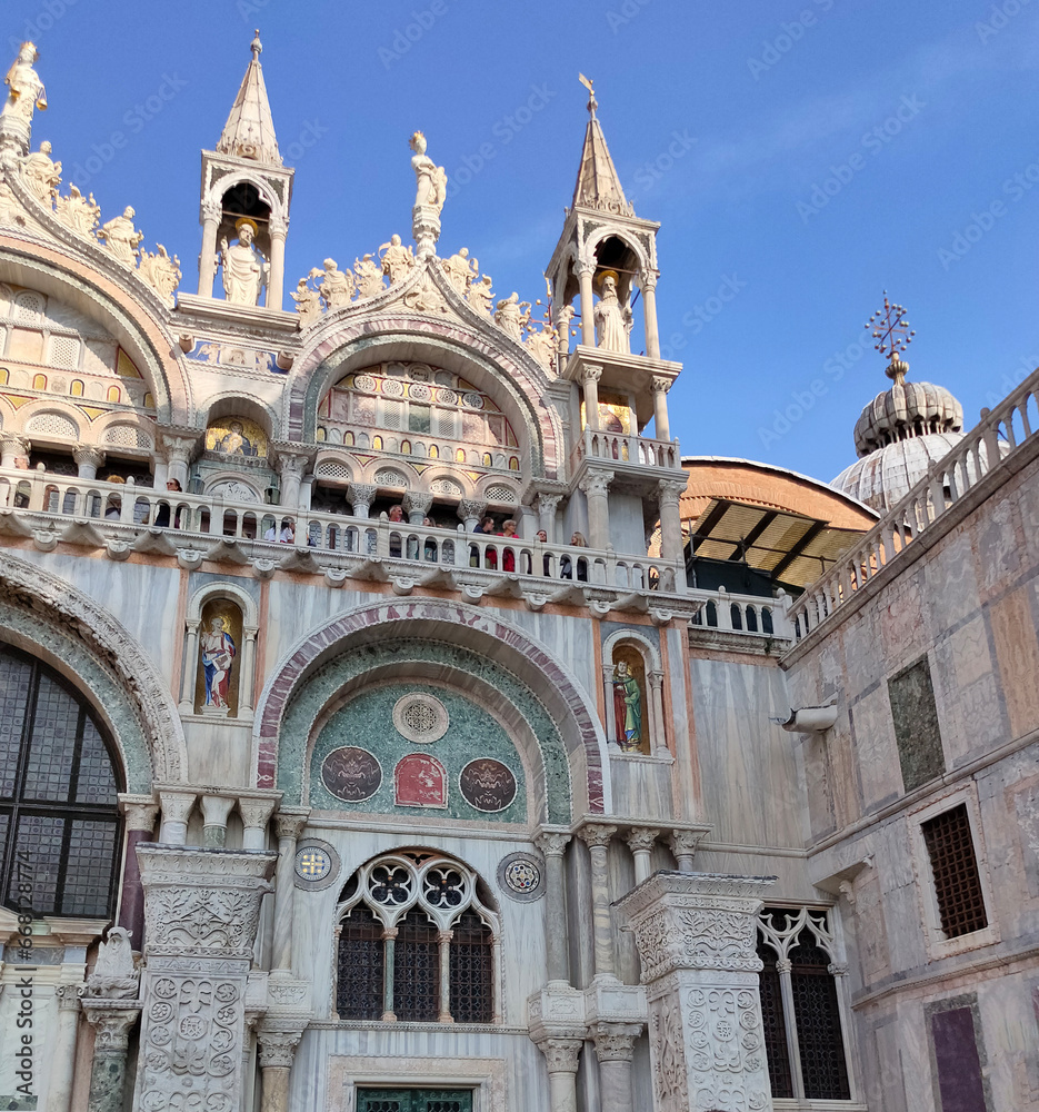 Venice, Italy - October 5, 2023: Facade of St Mark's Basilica, cathedral church of Venice, Italy.