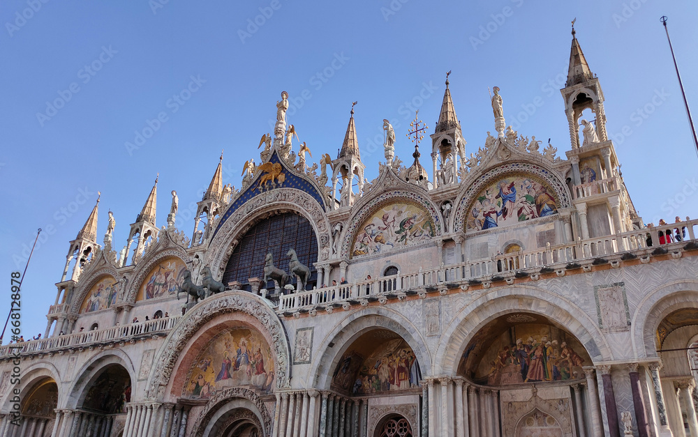 Venice, Italy - October 5, 2023: Facade of St Mark's Basilica, cathedral church of Venice, Italy.