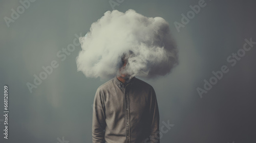 Man in suit obscured by ethereal cloud, symbolizing mystery, introspection, or overwhelmed thoughts against a moody gray backdrop.