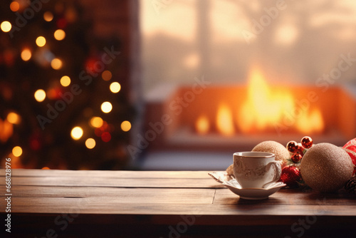 Wooden table in front of fireplace and Christmas tree with bokeh lights.