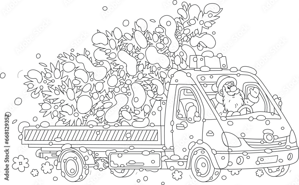 Happy Santa Claus driving his funny small truck with a snowy fir tree from a winter forest, black and white outline vector cartoon illustration for a coloring book
