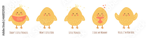 Set of cute cartoon chickens with nice and funny text. Little princess. Vector little chick isolated on white background 