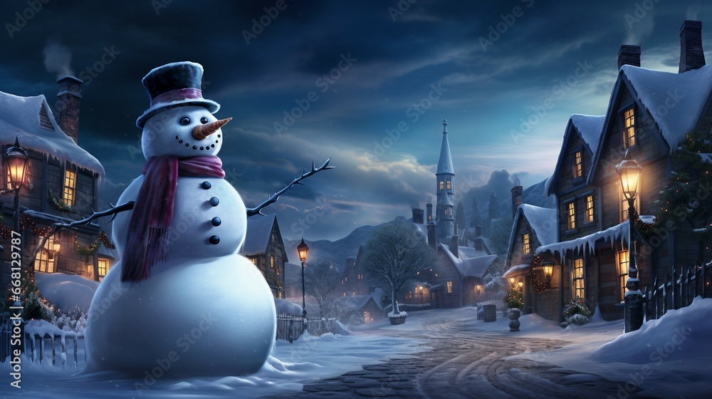 Obraz premium happy Snowman in front of romantic village in winter landscape, fairy tale kind of postcard of poster for christmas