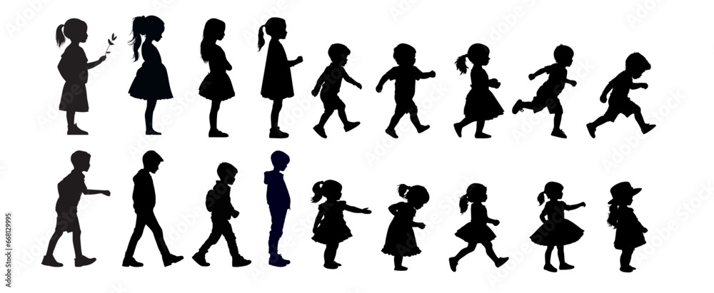 set of children silhouettes, baby silhouette, boy, girl	
