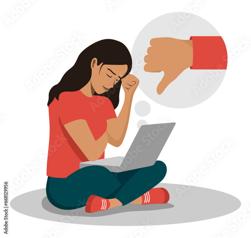 Sad woman with laptop and big Dislike pictogram
