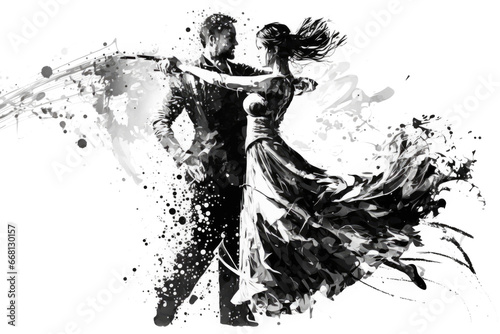 Graphic of Couple in Passionate Dance. Ink Painting in Black and White Isolated on White. photo