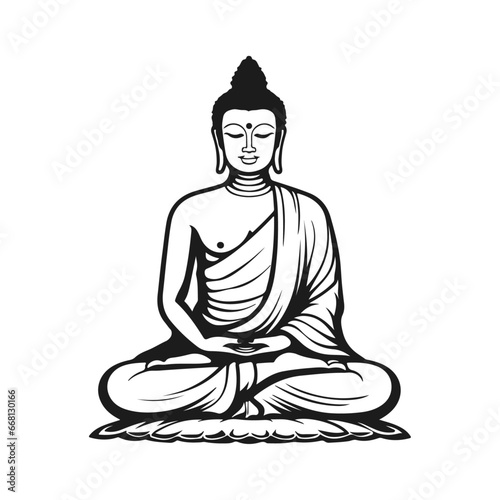 Vector silhouette of Buddha line drawing. Sketch of meditating buddah statue. Vector illustration isolated on white buddha sitting in lotus position