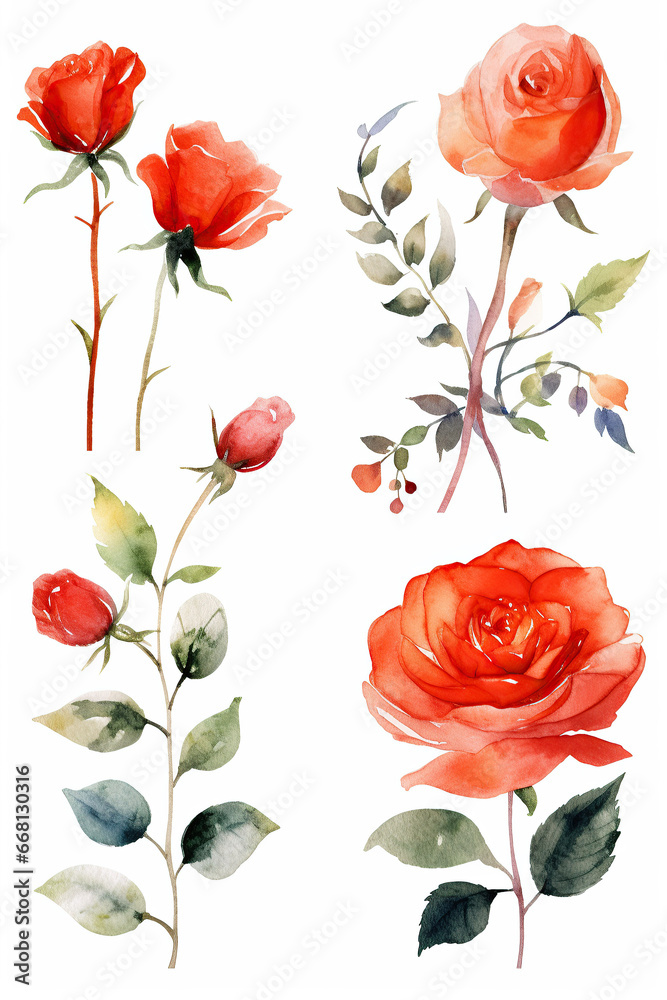 Rose flower watercolor clipart isolated on white background