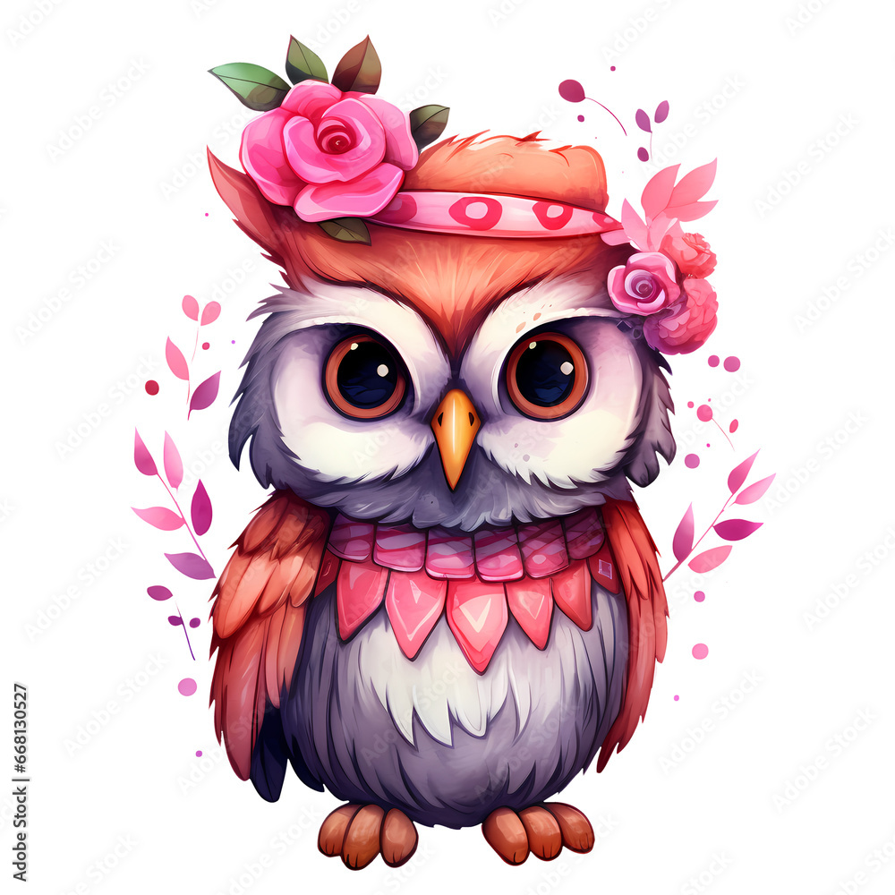 Obraz premium Watercolor Cute Kawaii Owl Valentine Clipart Illustration