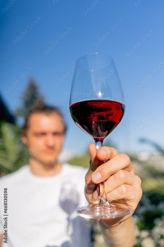 A young charming man holds out a glass of wine to the camera and carefully examines the drink in sun
