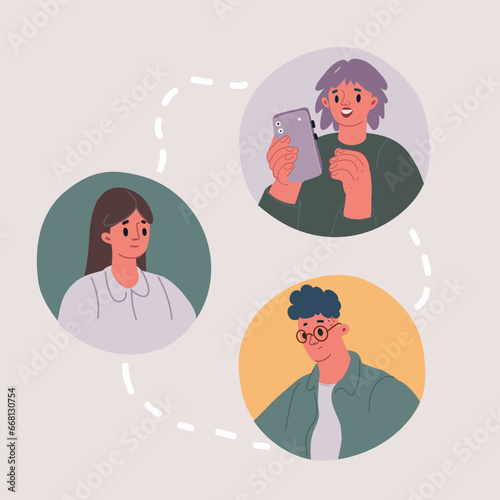 Vector illustration of Concept of conversation. People have fun talking to each other, friends discuss latest news, students talk about rumors and gossip. Dialogue, team and communication.