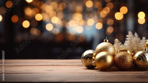 Wooden table with golden christmas decorations on bokeh background.