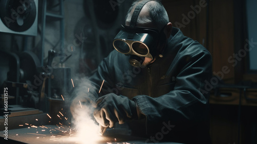 Locksmith in special clothes and goggles works in production