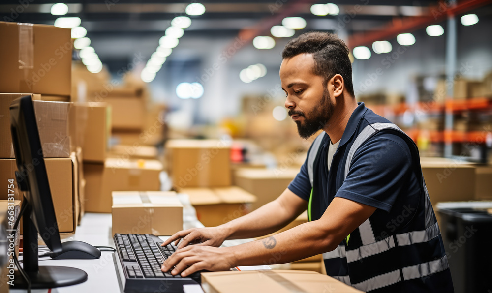 Efficient Male Warehouse Staff Checks Orders on Computer Efficient Male Warehouse Staff Checks Orders on Computer
