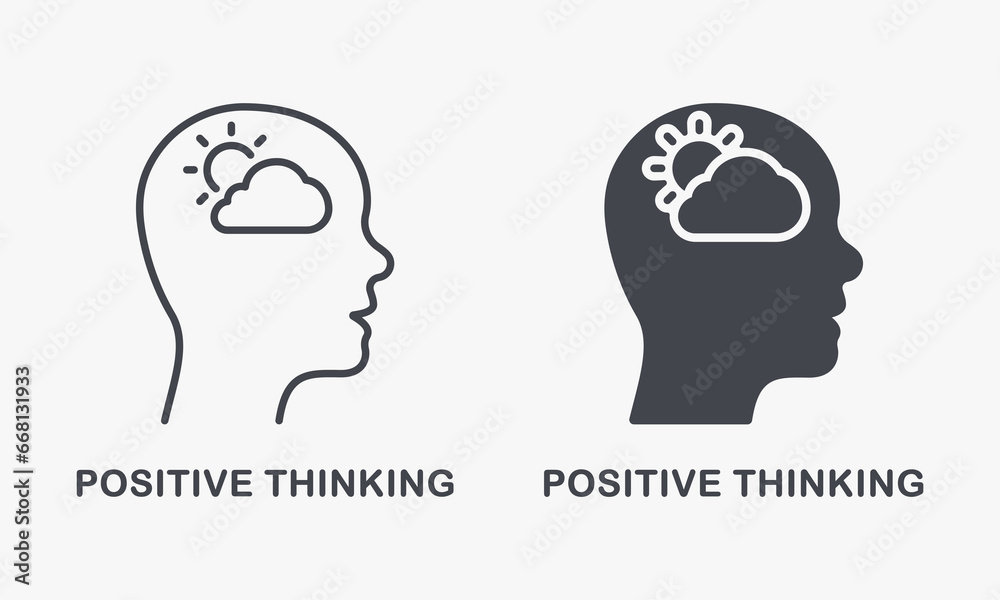 Positive Thinking, Inspiration Silhouette and Line Icon Set. Sun in Human Head Optimistic Good Emotion Pictogram. Intellectual Process, Mental Health Symbol Collection. Isolated Vector Illustration