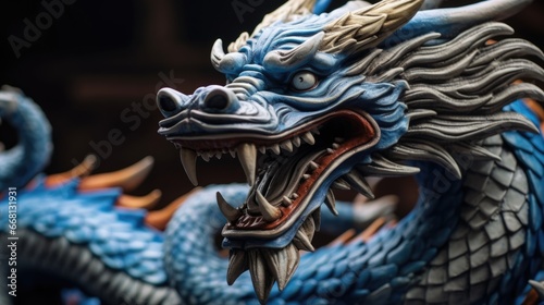 Blue wooden Chinese dragon statuette background. Navy Dragon's face of figurine. Happy Chinese new year 2024 Wallpaper concept..