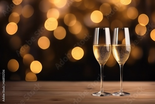 Close-up of two glasses with bubbly champagne tilted to each other against a background of blurry sparkles. Concept of a romantic evening and dinner in a restaurant. Place for advertising