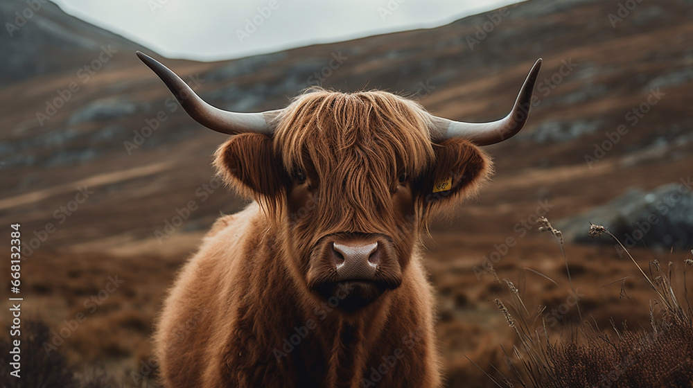 Authentic Portrait of a highland cow in a rural setting